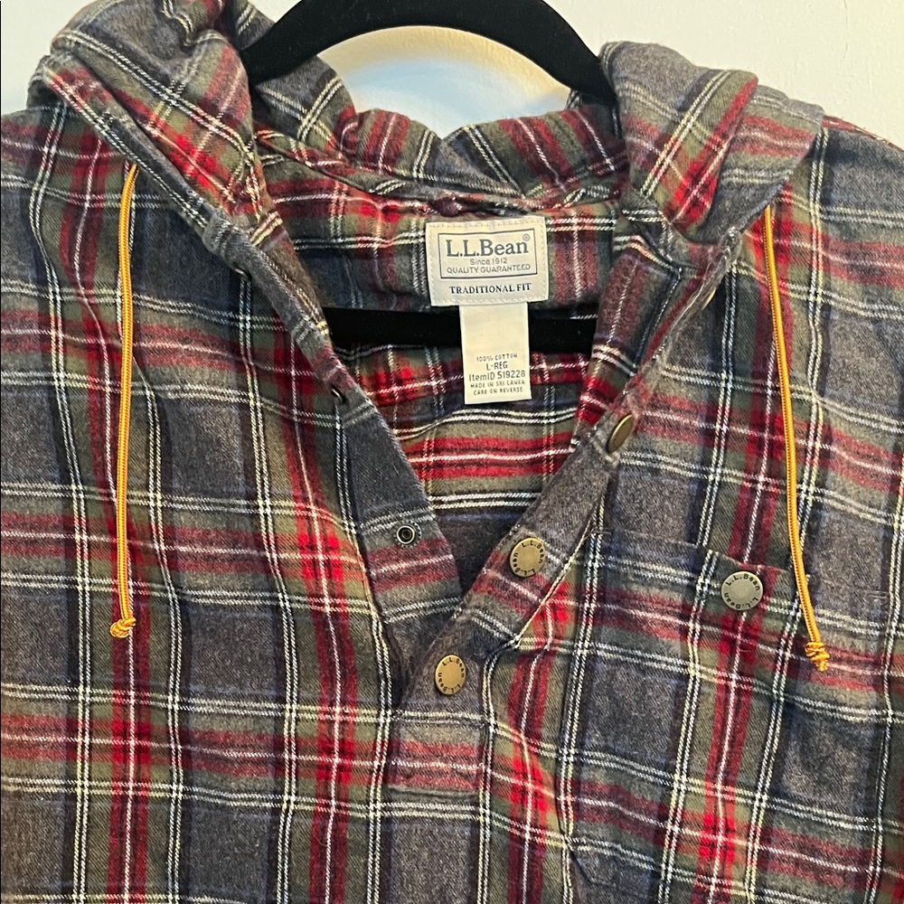 L.L. Bean Plaid Hooded Pullover - Red, Green & Yellow Drawstrings